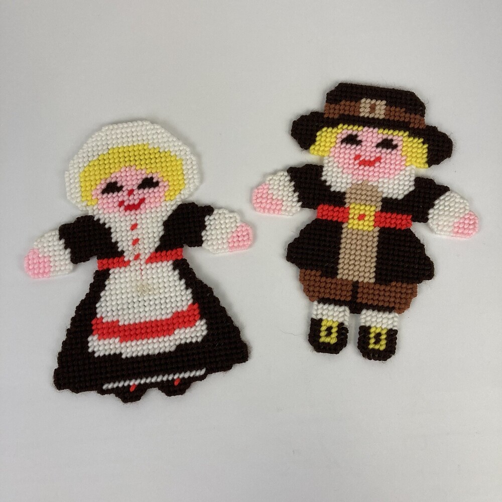 VTG Thanksgiving Needlepoint Pilgrims Plastic Canvas 9" Magnets Decoration Set